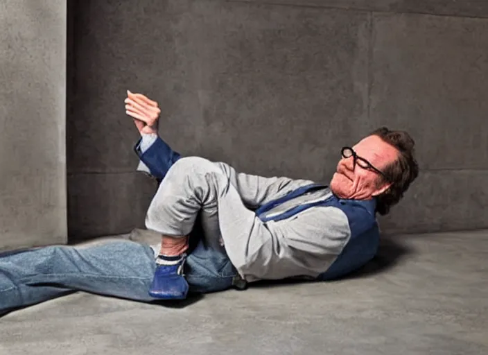 Prompt: bryan cranston with a reading glasses while laying on a smooth concrete floor