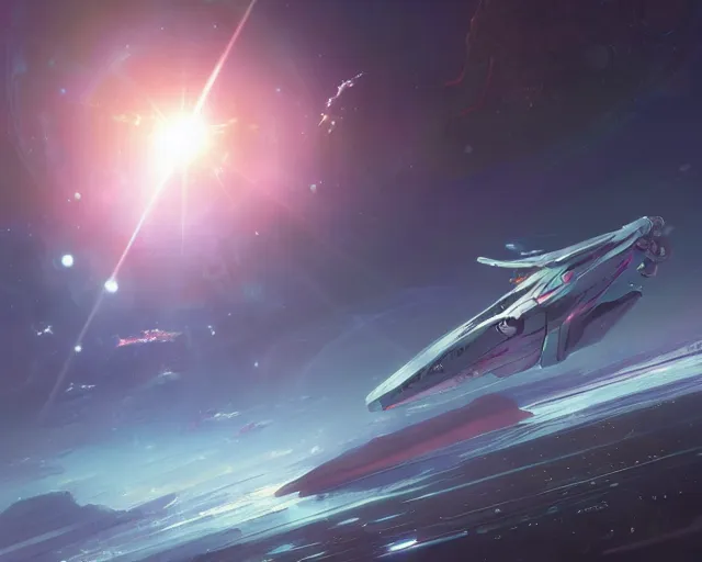 Image similar to a futuristic spaceship flying through cosmic skies. By Makoto Shinkai, Stanley Artgerm Lau, WLOP, Rossdraws, James Jean, Andrei Riabovitchev, Marc Simonetti, krenz cushart, Sakimichan, trending on ArtStation, digital art.