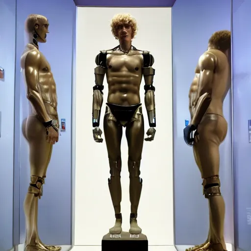 Image similar to a realistic detailed photo of a guy who is an attractive humanoid who is half robot and half humanoid, who is a male android, boxer and youtuber logan paul, shiny skin, posing like a statue, blank stare, at the museum, on display