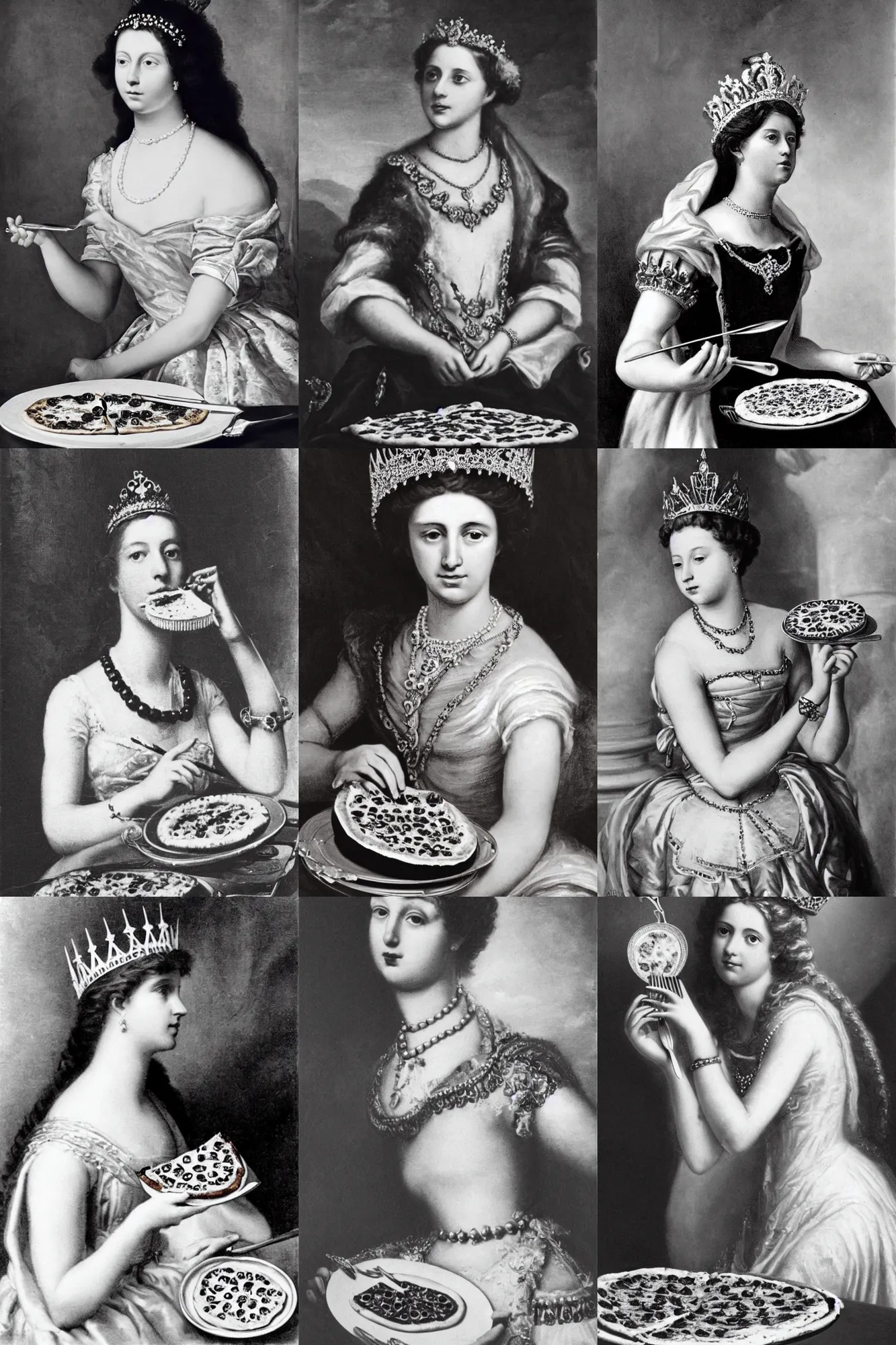 Prompt: a historical photo of young beautiful queen margherita of italy, eating a pizza margherita with hands and a fork, intricate detailed tiara, pearl necklace, large cornicione, black and white photo, smooth lighting, masterpiece, timeless, genious composition