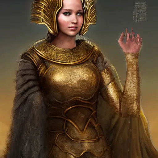 Prompt: Jennifer Lawrence as ancient greek woman in golden helmet, giant grey-haired bearded male face in the sky, epic fantasy style art, fantasy epic digital art