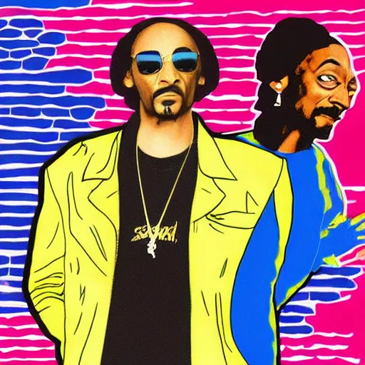 Image similar to 90s style pop art of Phil Collins and Snoop Dogg standing next to each other in the background of never gonna give you up song