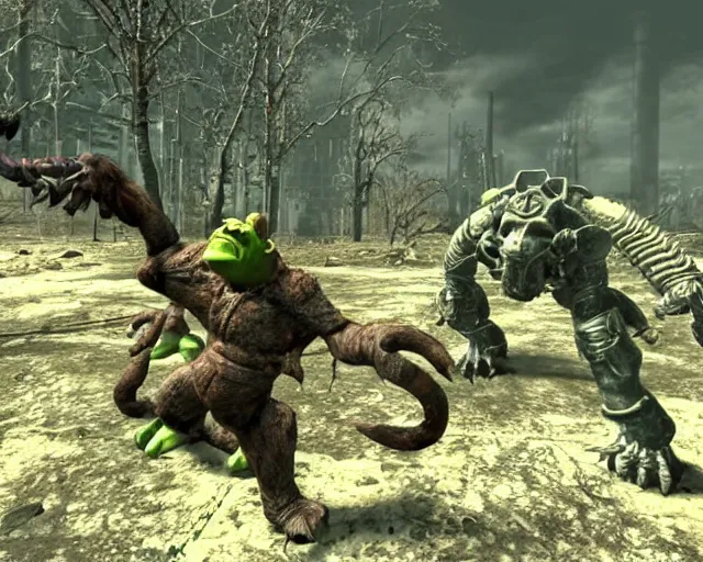 Prompt: screenshot from fallout 3 of shrek fighting a deathclaw, ray tracing, photorealistic graphics, nuka cola factory, swamp vs radiation,