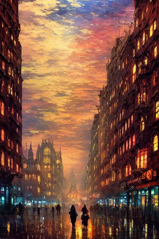 Prompt: the crowned king in disguise, looking down on the crowded streets of the city of blood and prisms, night skies, dramatic light, hyperrealistic, colorful skies, digital art, vray, john atkinson grimshaw, leonid afremov, wayne barlowe