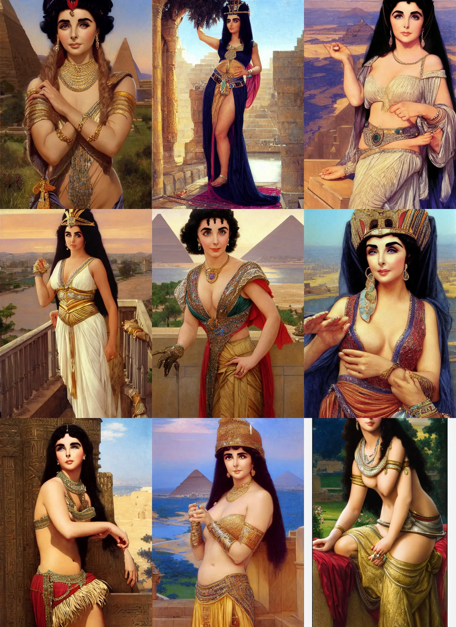 Prompt: portrait young elizabeth taylor as egypt princess cleopatra on a open terrace, hands straight down, nile - river and pyramids view, full length shot, shining, 8 k highly detailed, sharp focus, illustration, art by artgerm, mucha, bouguereau