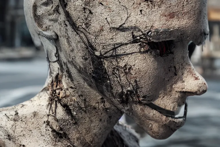 Image similar to vfx movie scene dilapidated mannequin in post apocalyptic street, natural evening light closeup by emmanuel lubezki