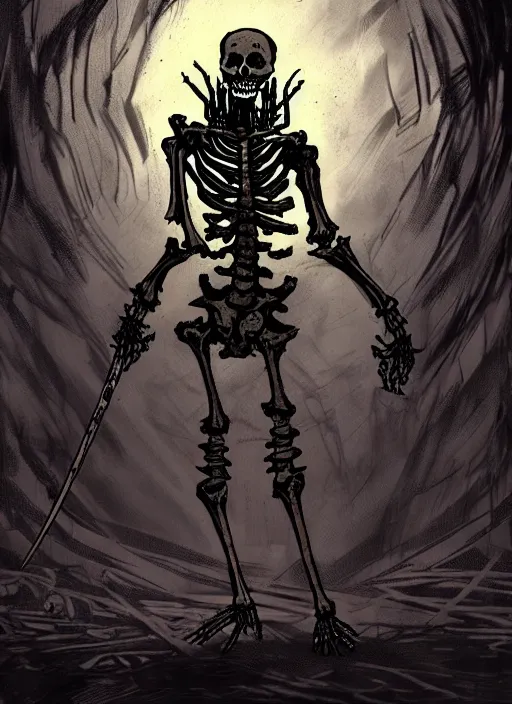 Prompt: concept art of a fragile twisted skeleton warrior with no armor in darkest dungeon, highly detailed, dark atmosphere, cosmic horror, body horror, lovecraft mythos, key character poster