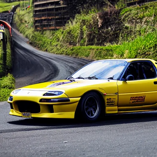 Prompt: Yellow Mazda RX7 drifting through quindio\'s mountains, photography, jdm style
