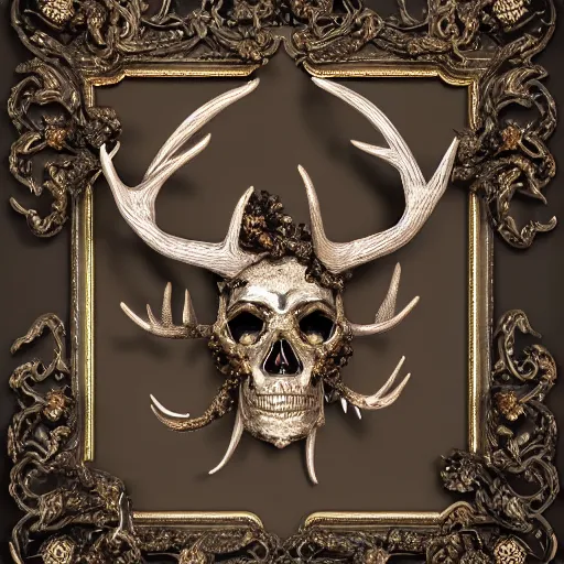 Image similar to a portrait of a beautiful ornate and intricate rococo skull with antlers and silver and gold details and diamonds inside a rococo frame, 4k, octane render, vray, unreal engine, photorealistic