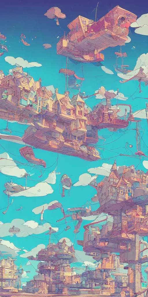 Prompt: a study of cell shaded cartoon of a floating city in the clouds, illustration, wide shot, vibrant colors, open sky, concept art by josan gonzales and wlop, by james jean, victo ngai, david rubin, mike mignola, laurie greasley, highly detailed, sharp focus, trending on artstation, hq, deviantart, art by artgem