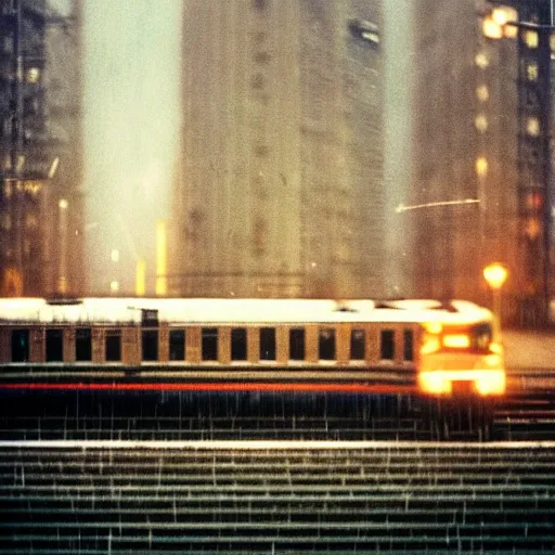 Image similar to 1990s perfect 8K HD professional cinematic photo of a train in dystopian city, at evening during rain, at instagram, Behance, Adobe Lightroom, with instagram filters, depth of field, taken with polaroid kodak portra