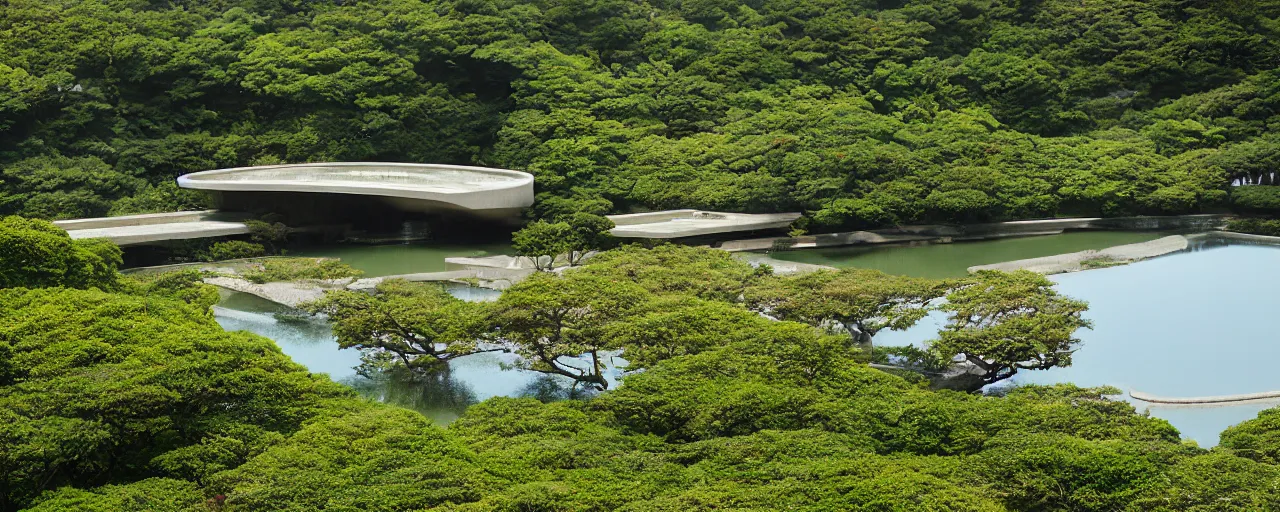 Prompt: The Oval at Benesse Art Museum Naoshima, Japan, built by Tadao Ando, brutalist architecture, pond in the center, overgrown with foliage, kodachrome, 35mm