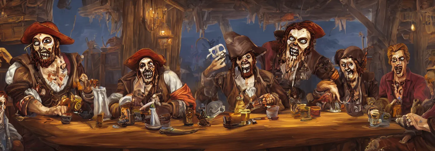 Prompt: Painting of zombie pirate LeChuck sitting in a tavern with his rival Guybrush Threepwood and grimly drinking grog, concept art