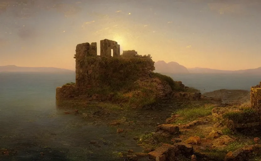 Prompt: ruins on a hill overlooking the ocean, close up shot, at dusk, distant mountains, 4k, rule of thirds, extreme detail, hazy water, intricate ink illustration, trending on artstation, cgsociety, hd, calm, complimentary colours, realistic lighting, by Albert Bierstadt, Frederic Edwin Church.