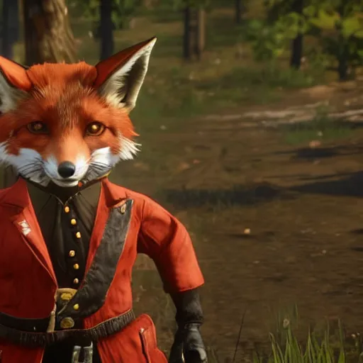 Image similar to video game screenshot of an anthropomorphic fox wearing western sheriff outfit as a character in red dead redemption 2