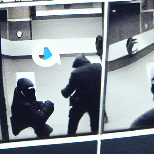 Image similar to cctv footage of four robbers at a bank wearing payday 2 masks, film grain