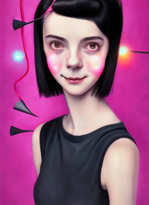 Image similar to portrait of high school girl, realistic, black hair, bangs, half updo hairstyle, pointy nose, skinny, smile, ugly, defined jawline, big chin, pink hair bow, earrings, intricate, elegant, glowing lights, highly detailed, digital painting, artstation, sharp focus, illustration, art by wlop, mars ravelo and greg rutkowski