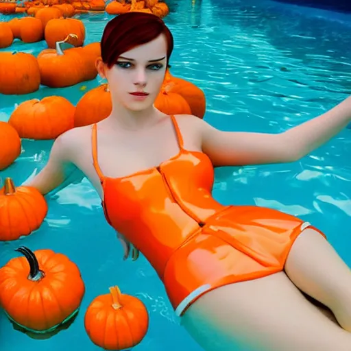 Image similar to Goddess young girl with big bust wearing orange latex dress and yelliw gloves in a swimming pool full of pumpkins by Ilya Kuvshinov