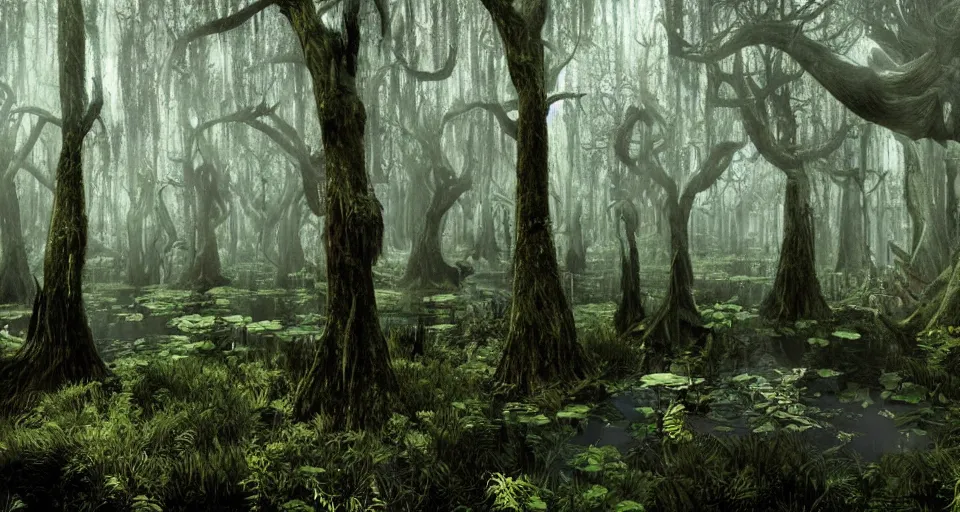 Image similar to A dense and dark enchanted forest with a swamp, from Starcraft