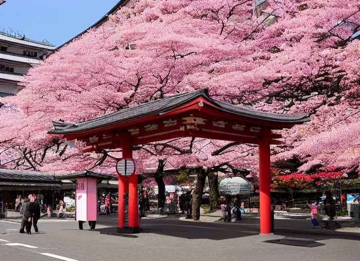 Image similar to a bus stop in kyoto where cherry blossoms bloom a warm pink color pixel art.