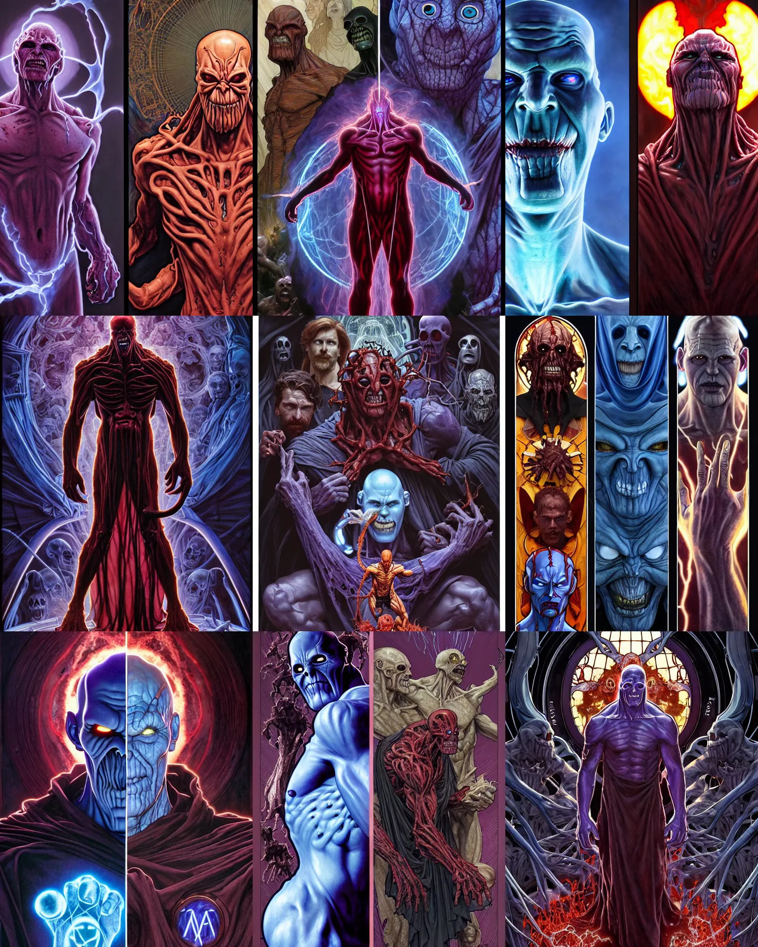 Prompt: the platonic ideal of good vs evil of cletus kasady ultimate carnage thanos dementor doctor manhattan chtulu nazgul, detailed, intricate, hyperrealism, intense, scary, decay, dmt, art by brock hofer and artgerm and greg rutkowski and alphonse mucha