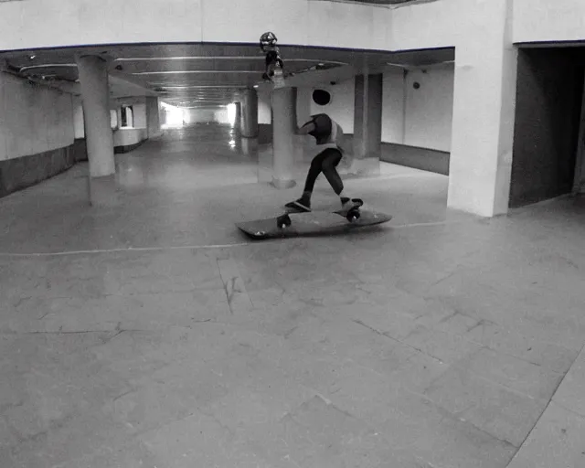 Prompt: camera footage of a Darpa Robots trying to stop skateboarders in an abandoned shopping mall, high exposure, dark, monochrome, camera, grainy, CCTV, security camera footage, timestamp, zoomed in, fish-eye lense, Robot, Skateboarding, Drone, Intense, Darpa,