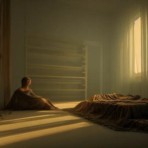 Prompt: colour aesthetic scene from duna ( 2 0 2 1 ) by denis villeneuve and gregory crewdson style with hyperrealistic highly detailed faces. many details by andrei tarkovsky and caravaggio in sci - fi style. volumetric natural light rendered in blender and octane render