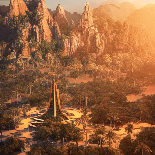 Image similar to photo of vertical golden tower, stacked ancient village, arid mountains and lush palm forest, photo realism, sharp focus, octane, golden hour