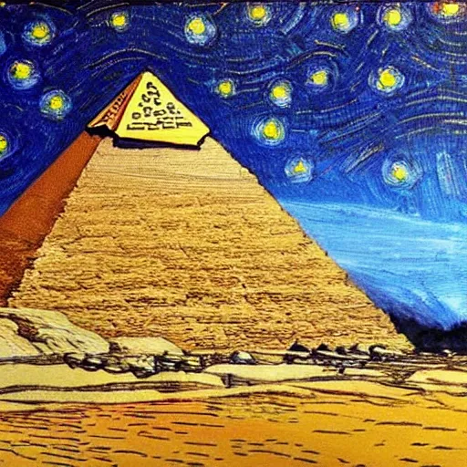 Prompt: painting of pyramids of Giza in style of starry night