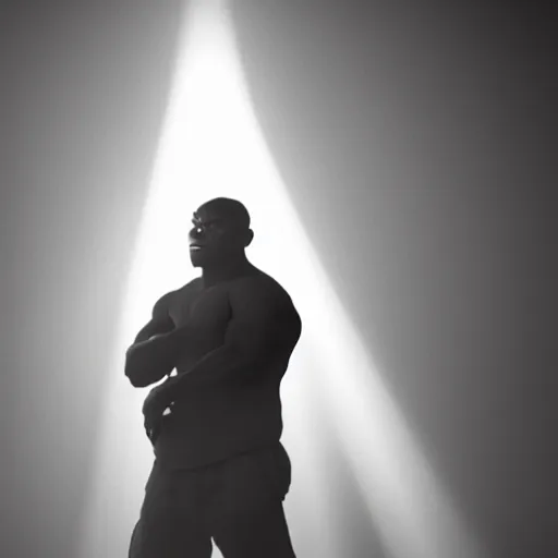 Image similar to a still of mike tyson, cinematic, 4 k, god rays through fog