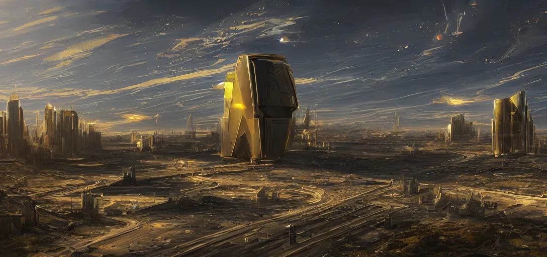 Image similar to futuristic shinny golden building in an abandoned landscape of a solarpunk city by wlop