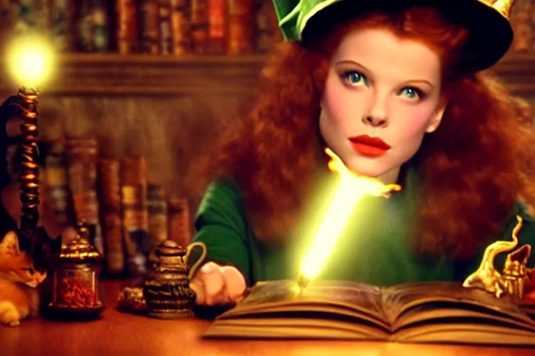 Image similar to close up portrait, dramatic lighting, teen witch calmly pointing a magic wand casting a spell over a large open book on a table with, short hair, cat on the table in front of her, sage smoke, a witch hat cloak, apothecary shelves in the background, still from alice in wonderland and peter pan