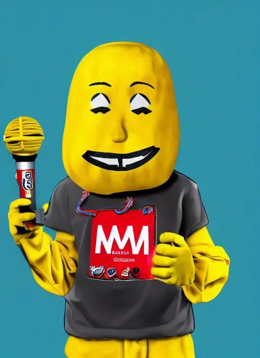 Image similar to yellow mnm candy mascot dressed as rapper eminem holding microphone, digital art, hd