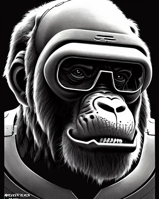 Prompt: winston the ape from overwatch, square brim glasses, future armor, character portrait, portrait, close up, concept art, intricate details, highly detailed, vintage sci - fi poster, retro future, in the style of chris foss, rodger dean, moebius, michael whelan, and gustave dore