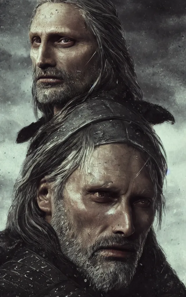 Image similar to mads mikkelsen as vesemir from the witcher, artstation, by camille corot, cinematic, dramatic, filmic, 8 k, moody lighting, cinematic lighting, insanely detailed and intricate, hypermaximalist, elegant, ornate, hyper realistic, super detailed