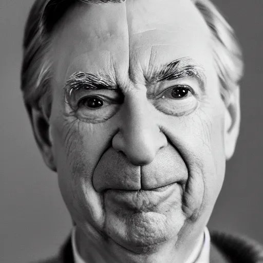 Prompt: symmetrical, close up face portrait of mr rogers, scowling, studio lighting, depth of field, photography, black and white, highly detailed