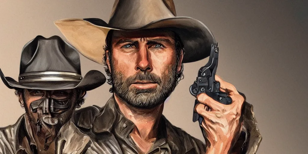 Image similar to highly detailed photo of rick grimes holding a revolver and wearing a cowboy hat, digital painting, trending on artstation, high resolution, transparent background