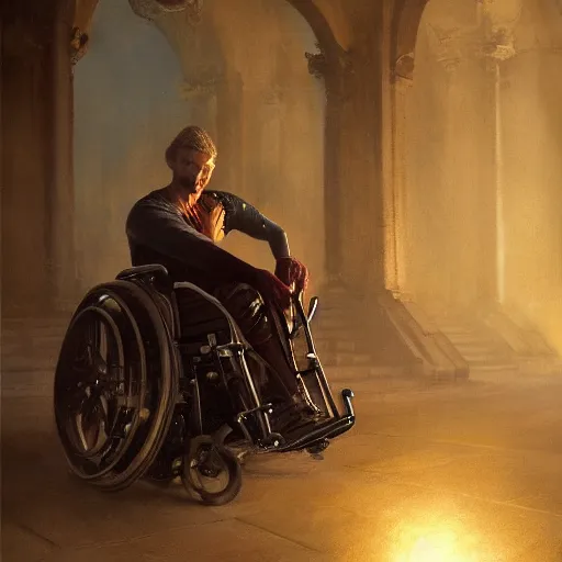 Image similar to handsome portrait of a wheelchair guy fitness posing, radiant light, caustics, heroic, smooth, one legged amputee, gehrnan, translucence, by gaston bussiere, bayard wu, greg rutkowski, giger, maxim verehin