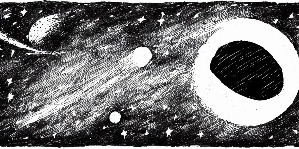 Image similar to ink lineart drawing of a shooting star towards a planet, comet, wide angle, seen from space, artstation, etchings by goya, chinese brush pen, illustration, high contrast, deep black tones contour