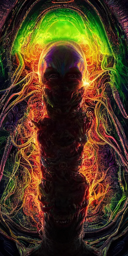 Prompt: impossibly beautiful alien god blots out the sun and unleashes an army of demons on the world, epic scale, intricate complexity, horror, psychedelic glitch art, rainbow drip paint, trending on art station, photoreal, 8k, octane render