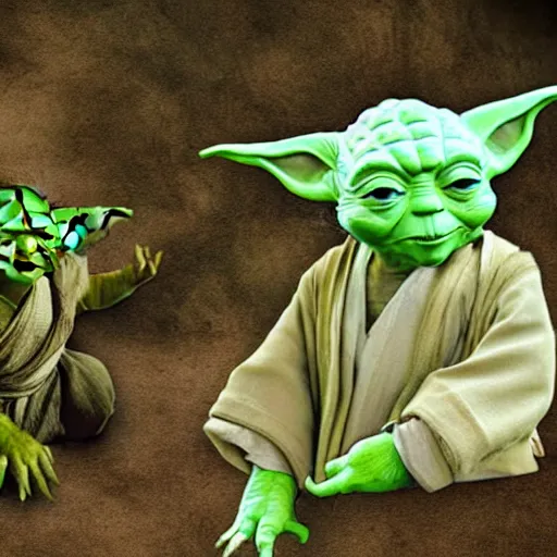 Prompt: a civilization of members of Yoda's species interacting with eachother, award winning nature photograph