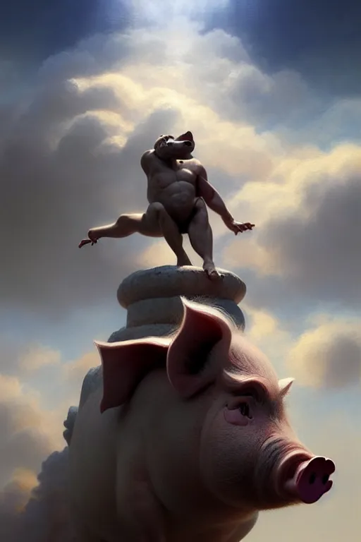 Prompt: Pig mixed with a greek god sitting in the clouds, very detailed, dramatic lighting, electrical details, high details, 4k, 8k, trending on artstation, by Greg Rutkowski, Wayne Barlowe, Hajime Sorayama and Boris Vallejo