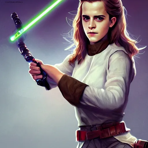 Image similar to emma watson holding a lightsaber, by wlop, trending on artstation, concept art, illustration, intricate, ornate, 8 k, highly detailed, realistic proportions, full body shot