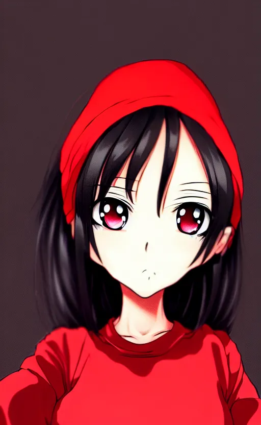 Prompt: anime girl with a detailed face and black hair in a red outfit, full body, trending, low angle, worms eye view, illustration,