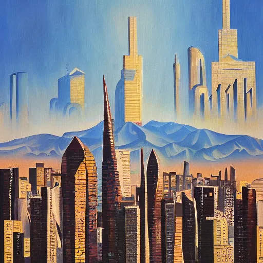 Image similar to futuristic santiago of chile skyline with life based on public transportation, oil on canvas by wes anderson and raoul ruiz and dave mckean