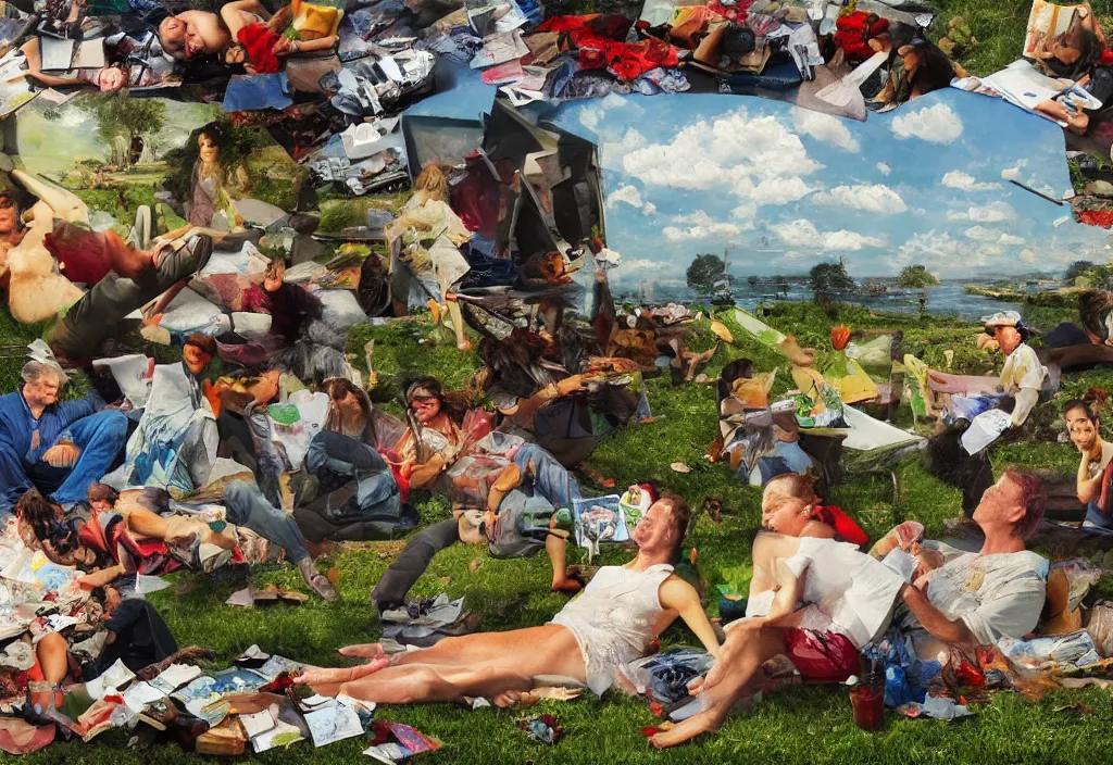 Prompt: oil painting, with an ashtray on top, collage, paper, people resting on the grass, ultra detailed, high resolution, cinematic, unreal 6