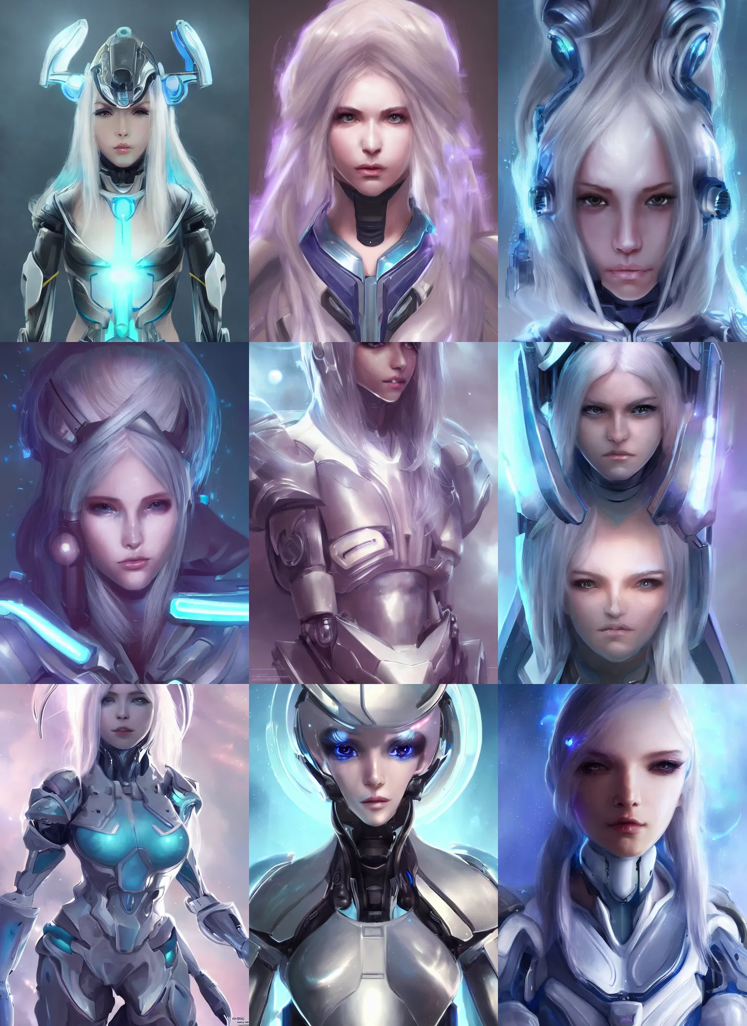 Prompt: perfect android girl, warframe armor, beautiful face, scifi, futuristic, galaxy, nebula, dreamy, long white hair, blue cyborg eyes, cinematic lighting, highly detailed, very cute, focused, artstation, divine, by gauthier leblanc, kazuya takahashi, huifeng huang, jama jurabaev