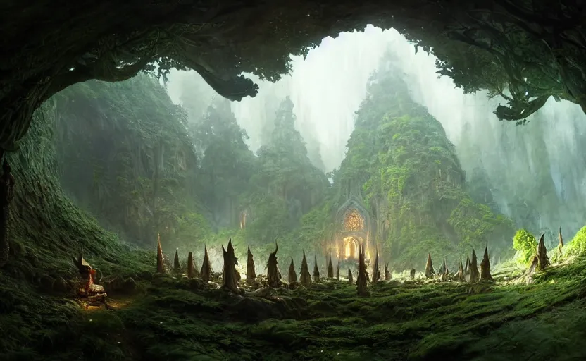 Image similar to worm's eye view of a elven headquarters carved inside a mountain, above lush garden, neat and tidy, fantasy genre, natural light, fantasy, sharp focus, concept art, by greg rutkowski and craig mullins, cozy atmospheric and cinematic lighting, trending on artstation