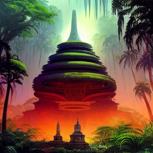 Image similar to ancient monument in the jungle, lost alien civilization, ancient alien tools and houses, tropical forest, glowing alien monuments, alien relic, syd mead, john harris, art station, flowers