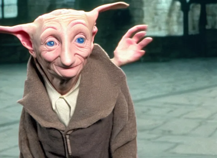 Prompt: Donald Trump as Dobby in Harry Potter, 35mm film